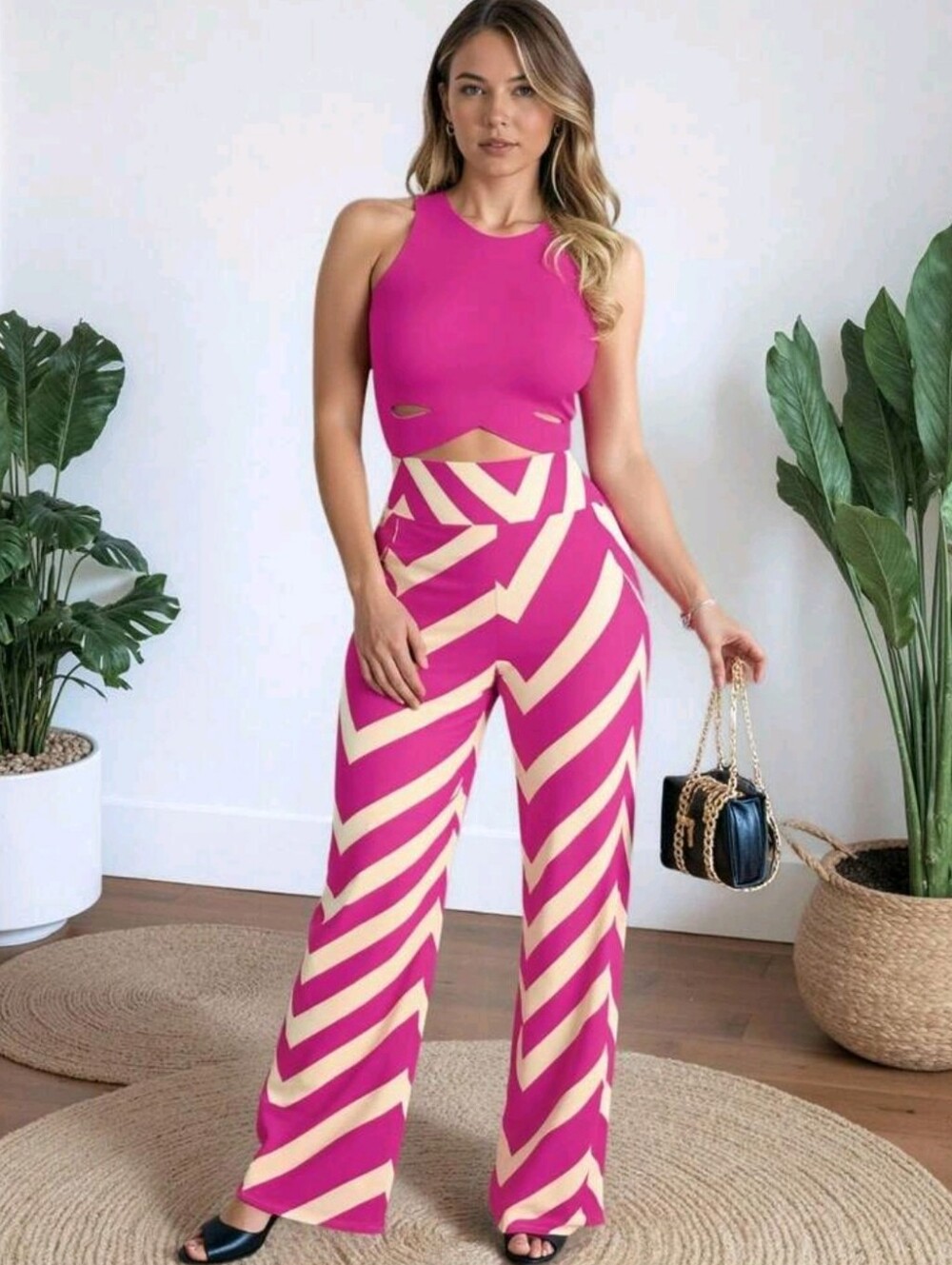 Chevron Wide Leg Pants Trousers Small